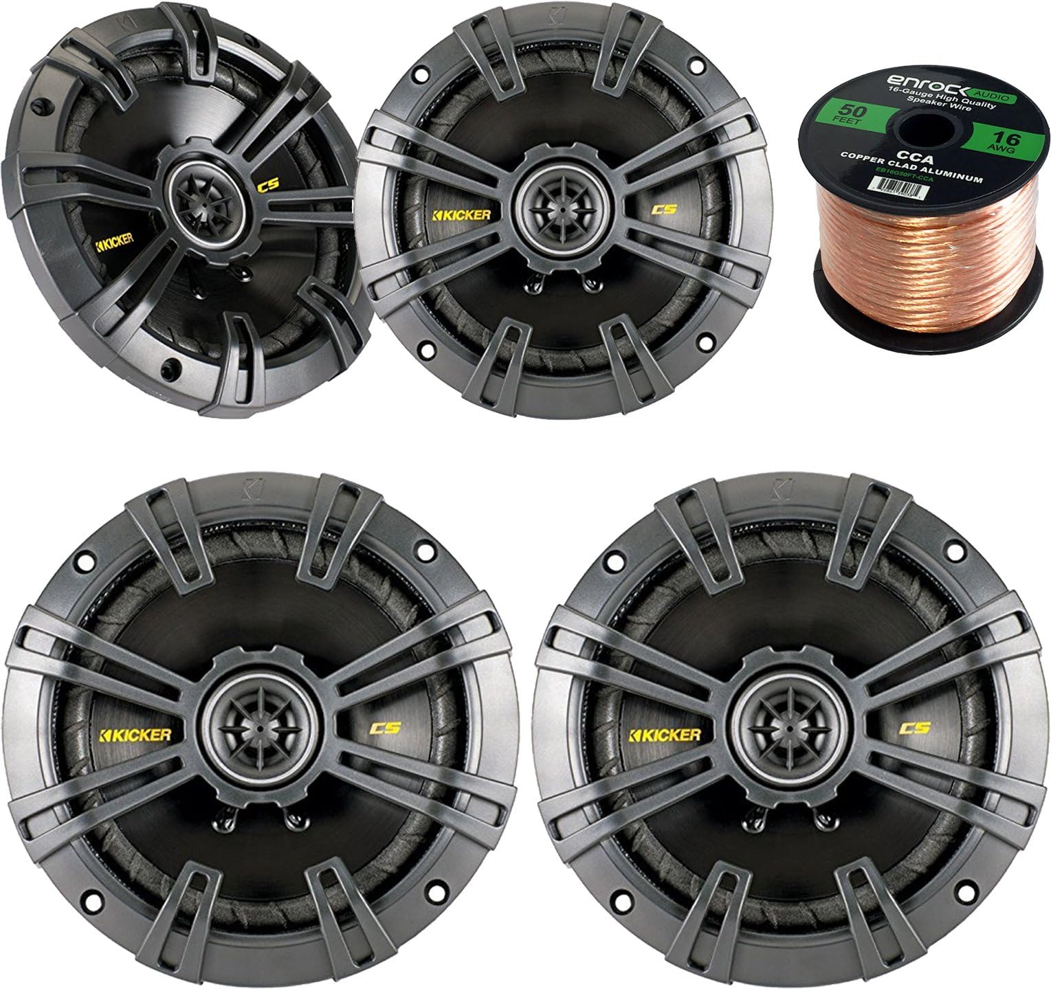 Car Speaker Set Combo Of 2 Kicker 40CS654 6.5" 300w Two Way CS Series Car Audio Speakers + 2 Kicker 40CS54 5.25" 225W 2-Way Car Coaxial Stereo Speakers + Enrock 50ft 16g Speaker Wire