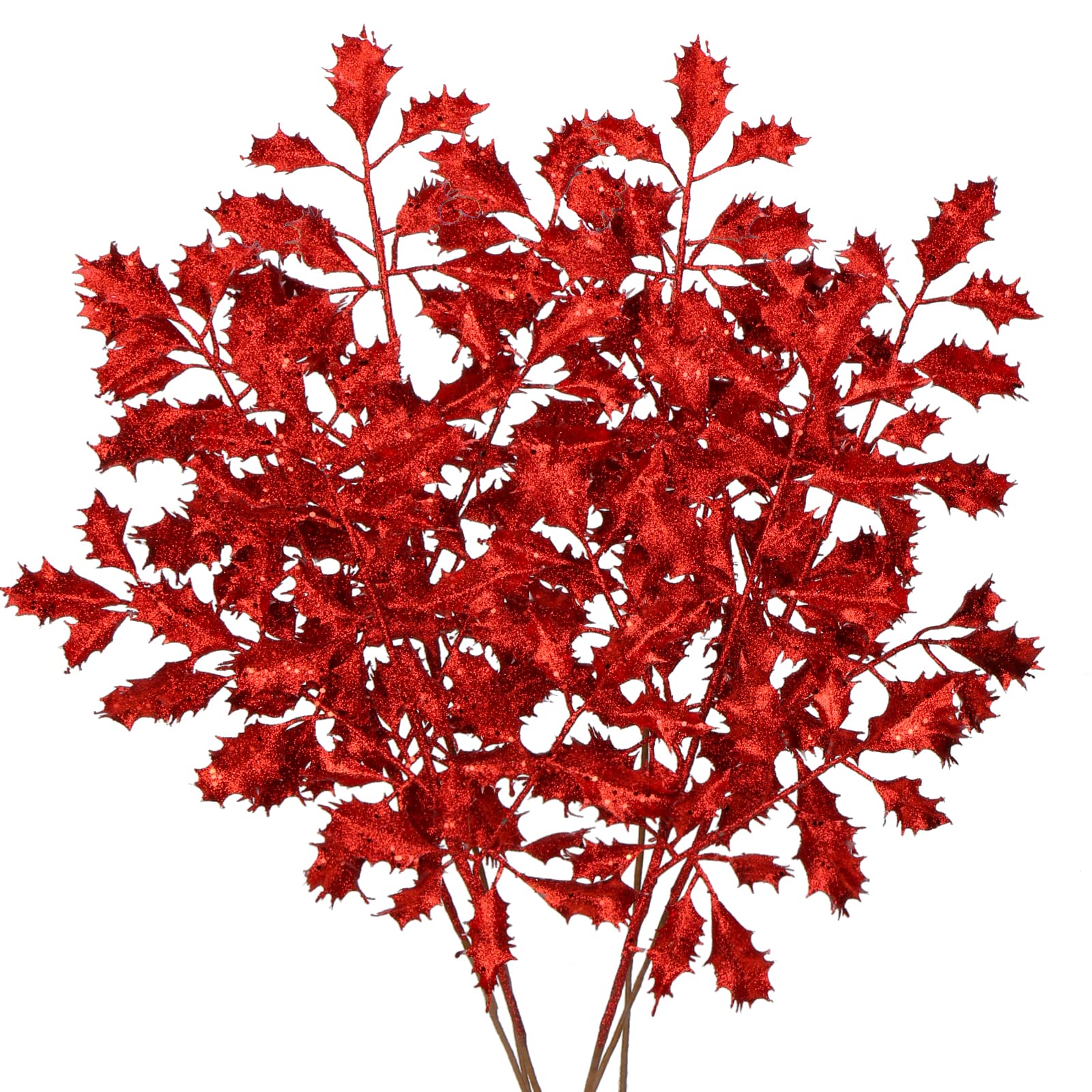 Briful 6pcs Red Leaf Artificial Holly Leaves 23" Christmas Glitter Leaves Stem for Xmas Tree Decorations Fake Leaf Artificial Stem for Flower Arrangment Home Decor — image 1