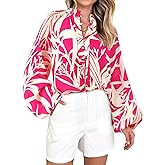MASCOMODA Womens Boho Floral Print Fall Tops Dressy Casual V Neck Button Down Lantern Long Sleeve Shirts Chiffon Work Blouse