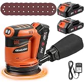 GEARLASSO 5-Inch Cordless Random Orbital Sander, Battery-Powered Palm Sander with 3 Variable Speeds, 8000&ndash;13000 RPM, Battery, 10 Sanding Discs and Dust Collection Box for Woodworking and Furniture