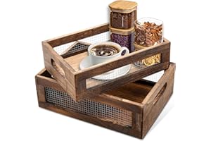 2Pcs Wooden Countertop Baskets, Rustic Nesting Boxes With Wire Mesh, Wooden Organizer Crates, Decorative Rustic Storage Box, 