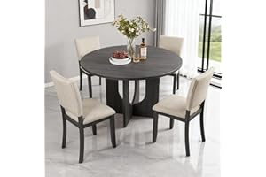 JIJIWANG 47.3" Round Dining Set with 4 Upholstered Dining Chairs, Modern Dining Table Set for 4, 5-Piece Round Dining Table Set for Living Room, Kitchen, Antique Black & Beige