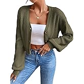 Floerns Women's Solid Long Sleeve Button Down V Neck Cardigan Crop Top Sweater