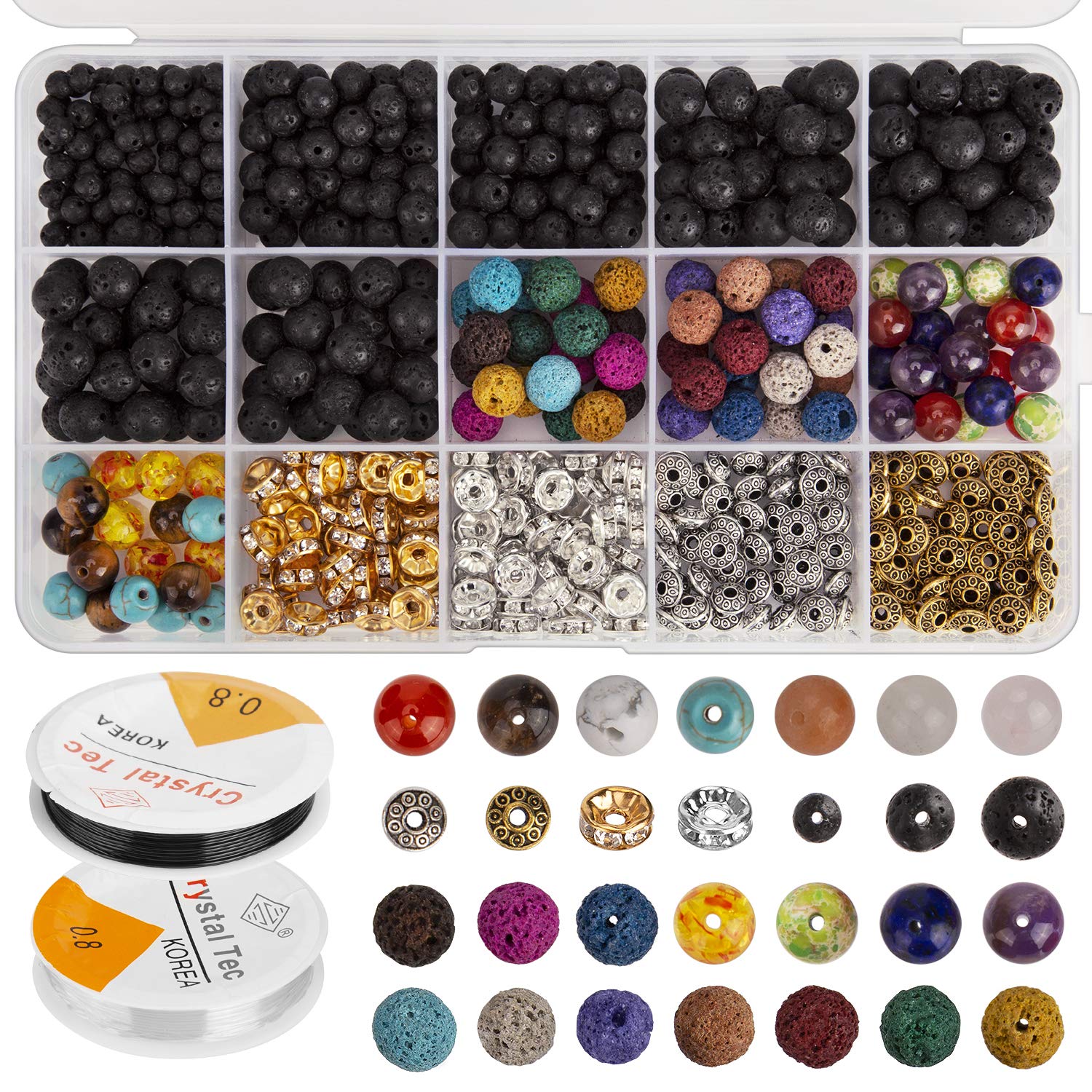 AIEX 606 Pcs Assorted Colored Lava Stone Beads Kit with Elastic Stretch Strings and Bead Needles for Adult Essential Oil Bracelet and Necklace Making