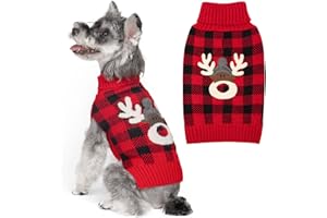 KYEESE Dog Christmas Sweater with Reindeer Pattern, Red Buffalo Plaid Knitwear, Turtleneck Dog Sweater for Small Dogs with Leash Hole, Cozy Winter Holiday Outfit, Warm Soft Pet Clothes, Medium