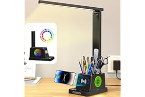 cozoo Desk Lamp,LED Desk Lamps for Home Office,Wireless Charger Small Lamp with Pen Holder,Color Changing Nightlight,12 Light