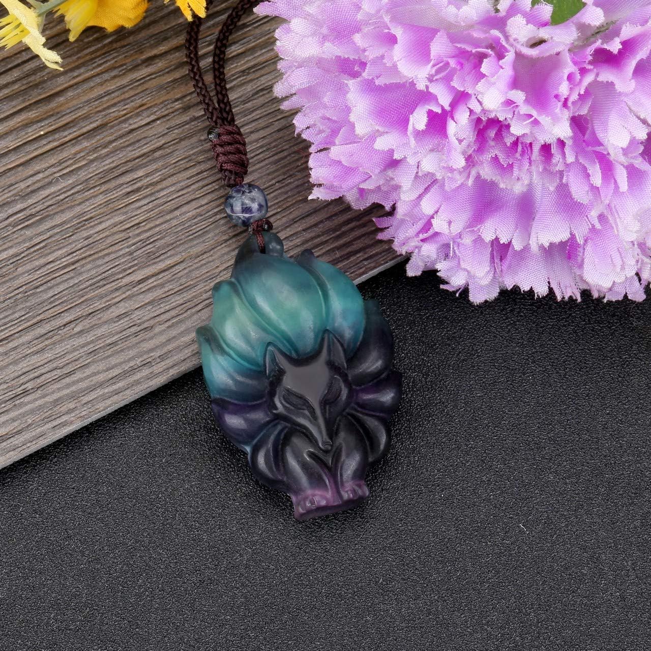 JSDDE Natural Crystal Gemstone Fox Pendant Necklace with Adjustable Woven Rope Chain (Fluorite), Fluorite (Nine-tailed Fox) - Image 3