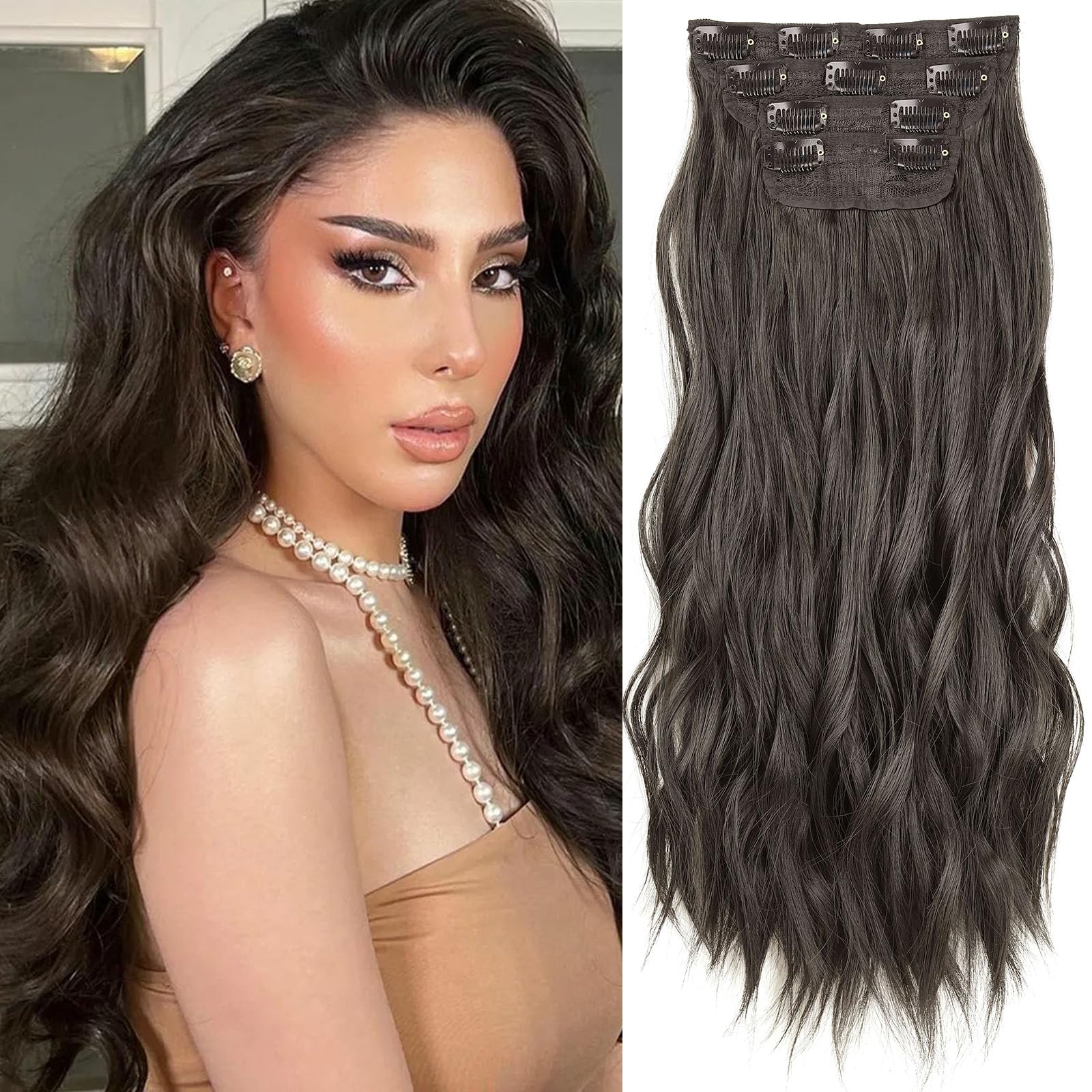 Samtress 16 Inch Clip in Hair Extensions 4 PCS Thick Hair Extensions for Women Dark Brown Wavy Clip Extension Synthetic Fiber Hairpieces Hair (#4)