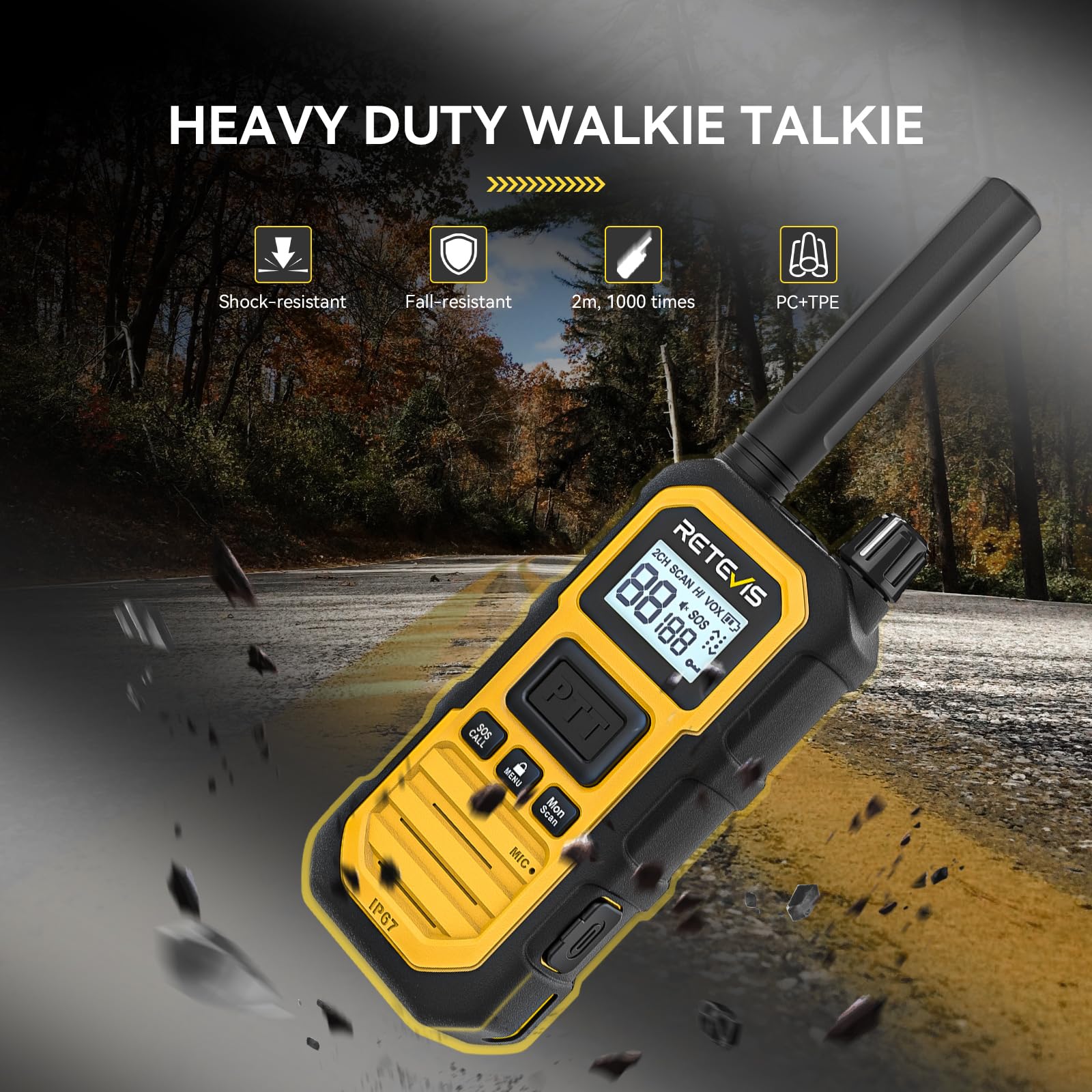 Retevis RB648 Plus Walkie Talkies, IP67 wasserdichte Funkgeräte, Hohe Reichweite, 2000mAh, Vibration, Notfallalarm, Professionelles Robustes Aktualisiertes Walkie-Talkie für Camping (2 Stück, Gelb) 4