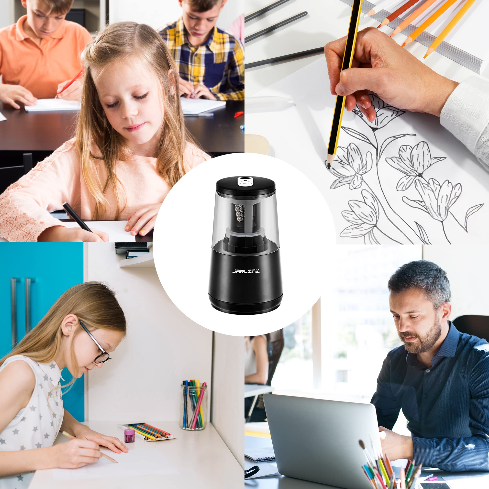 JARLINK Electric Pencil Sharpener, Heavy-Duty Helical Blade to Fast Sharpen, Auto Stop for No.2/Colored Pencils(6-8mm), AC Adapter/Battery Operated in School Classroom/Office/Home (Black)