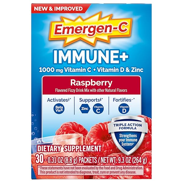 EMERGEN-C IMMUNE+ TRIPLE ACTION IMMUNE SUPPORT POWDER, BETAVIA (R), 1000MG VITAMIN C, B VITAMINS, VITAMIN D AND ANTIOXIDANTS, RASPBERRY, BACK TO SCHOOL ESSENTIALS – 30 COUNT