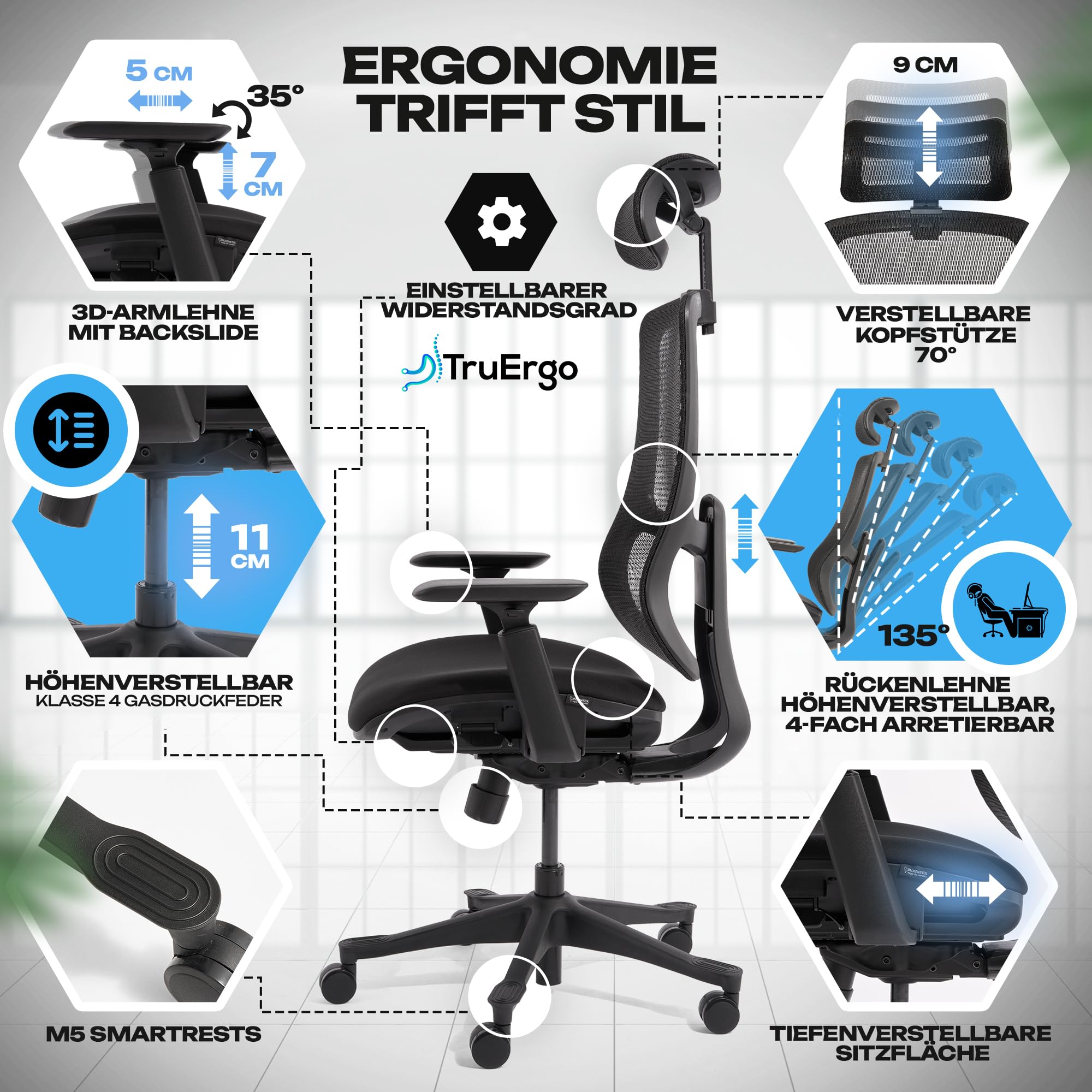 VALKENSTOL M5 Bürostuhl Ergonomisch Testsieger, Einstellbarer für maximale Bewegungsfreiheit, Rückenfreundliche Bürostühle, Lendenwirbelstütze Schreibtischstuhl für Büro und Home Office Chair 5