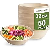 [50 COUNT]Harvest Pack PFAS FREE 32oz Round Paper Compostable Bowls, Heavy-Duty Eco-Friendly Disposable Bagasse Large Soup Bowls, sugarcane made for Meal Prep Takeout Dinnerware, Microwave Safe