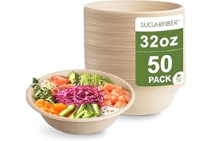 HARVEST PACK GOURMET SHOWCASE [50 COUNT]Harvest Pack PFAS FREE 32oz Round Paper Bowls, Compostable Heavy-Duty Eco-Friendly Disposable Bagasse Large Soup Bowls, sugarcane made for Meal Prep Takeout Dinnerware, Microwave Safe