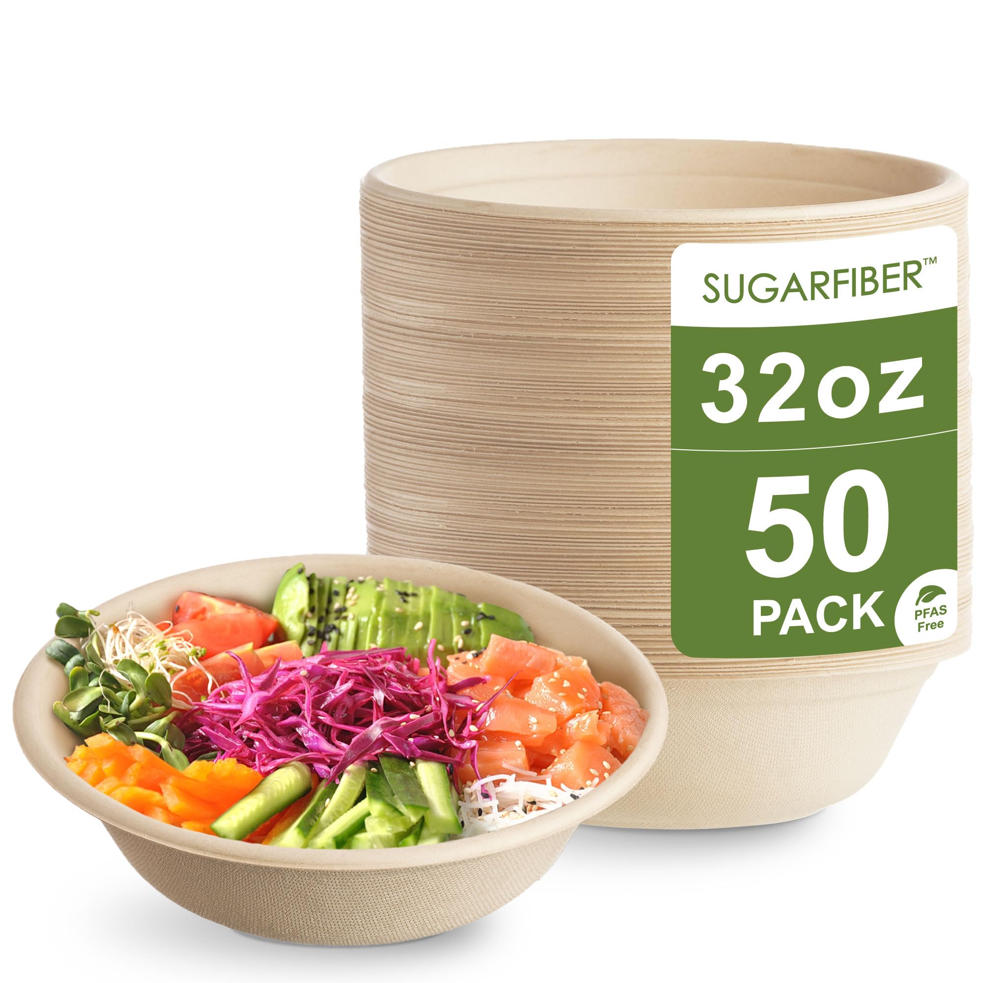 Photo 1 of [50 COUNT]Harvest Pack PFAS FREE 32oz Round Paper Bowls, Compostable Heavy-Duty Eco-Friendly Disposable Bagasse Large Soup Bowls, sugarcane made for Meal Prep Takeout Dinnerware, Microwave Safe