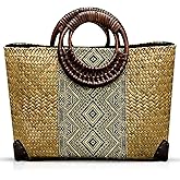 QTKJ Straw Bag, Summer Beach Handmade Rattan Tote Bag, Large Straw Woven Handbag, Boho Retro Rattan Bag for Women Vacation Beach Travel (Natural)