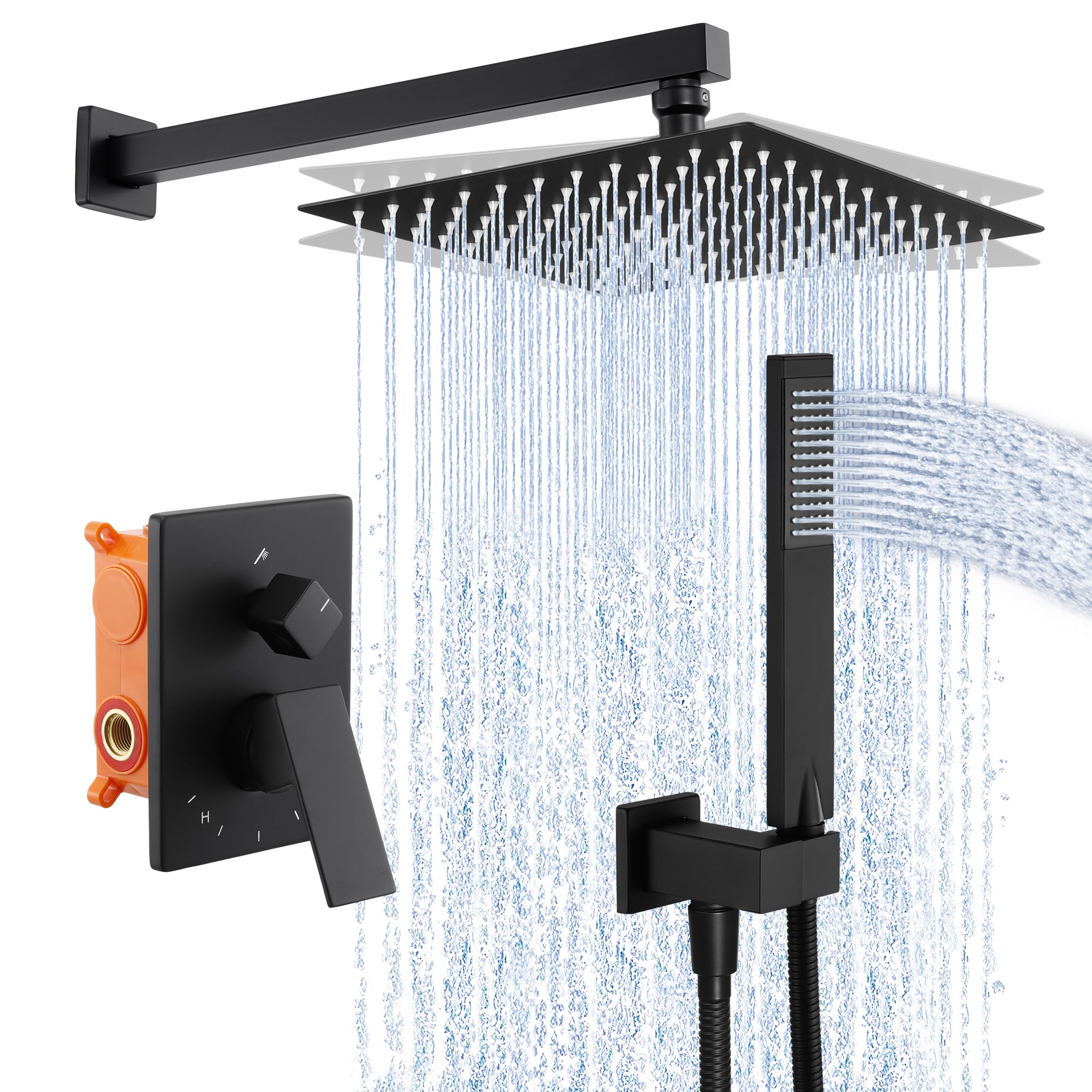 KES Black Shower System 10-Inch Concealed Shower Set 3-Modes Square Rainfall Shower Head with Handheld Including Rough-in Valve Body and Trim Mixer Rain Shower Kit, X6230-BK