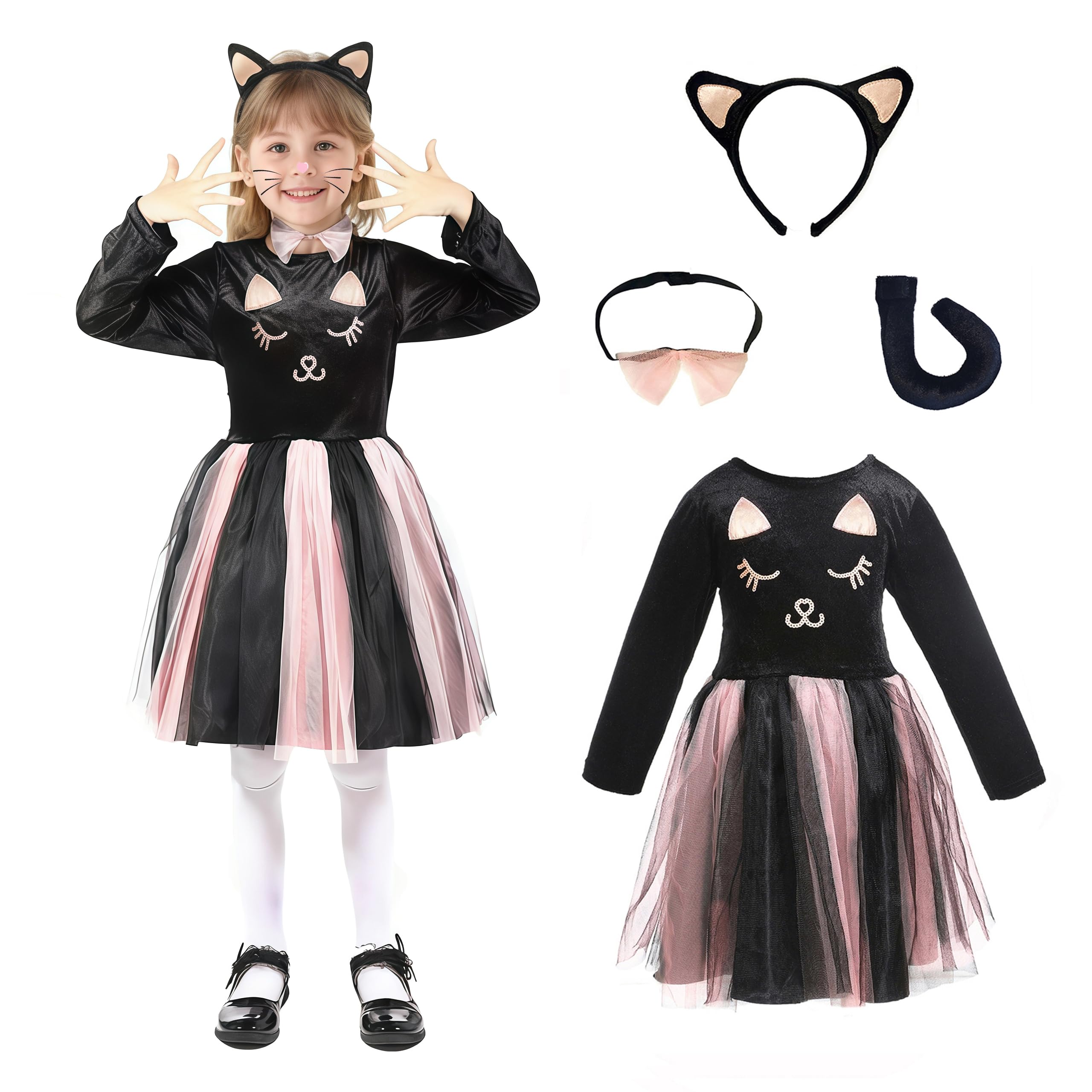 Wbesty Halloween Black Cat Costume for Girls with Pink Tutus, Cat Ears Headband and Tail, Bow Collar,7/8 Years Old