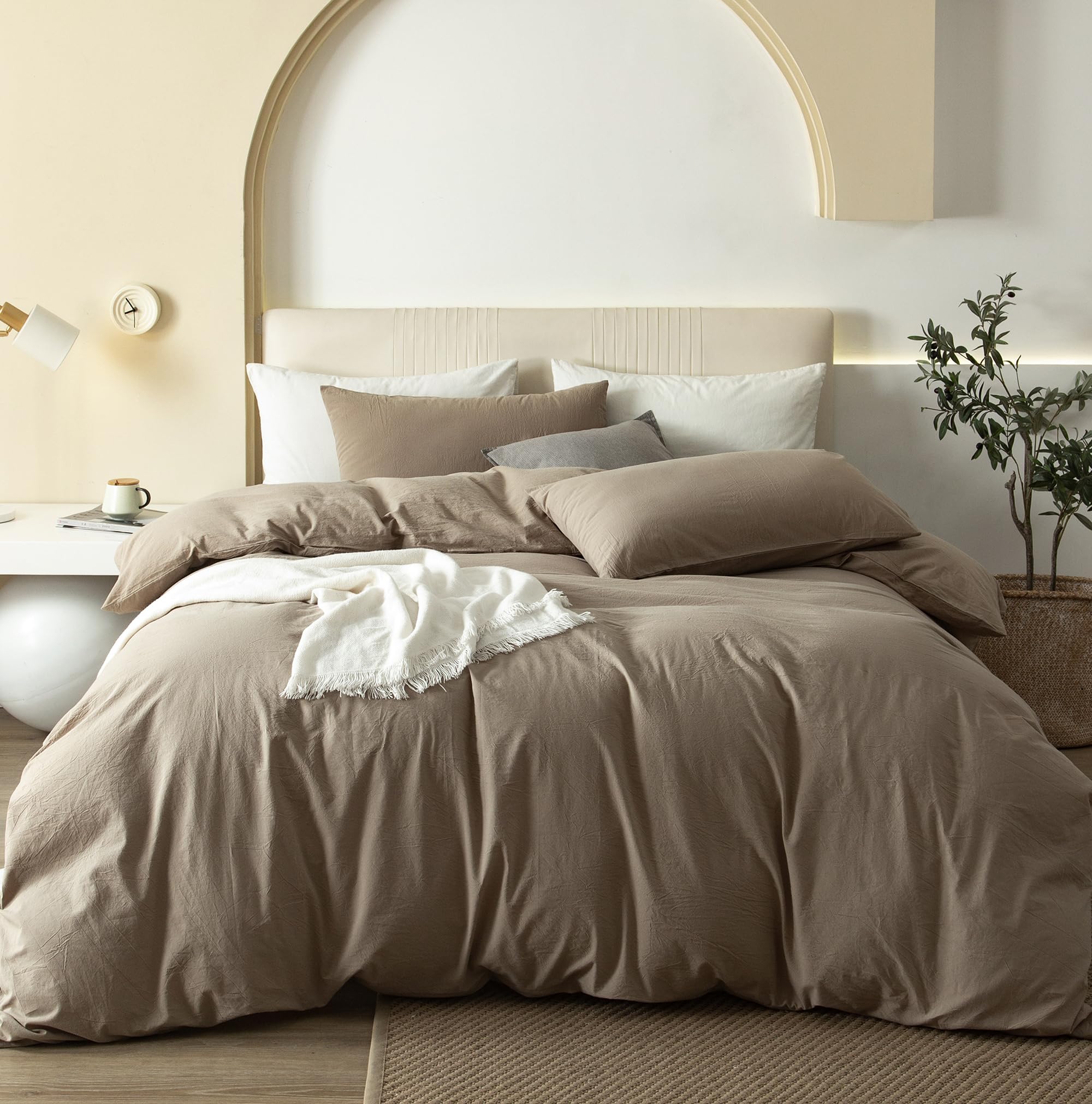 Photo 1 of JIYUAN 100% Washed Cotton Duvet Cover Set Comfy Simple Style Soft Breathable Textured Durable Linen Feel Bedding for All Seasons Queen, Solid Khaki