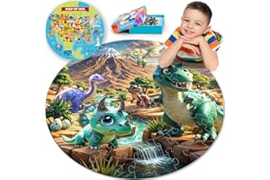ELX 70 Piece Dinosaur Floor Puzzle for Kids Ages 5-8,United States Map & Dino Jigsaw Puzzles, Double-Sided Round Large Puzzles for Toddlers, Educational Toys for Boys & Girls (22.5 Inch)