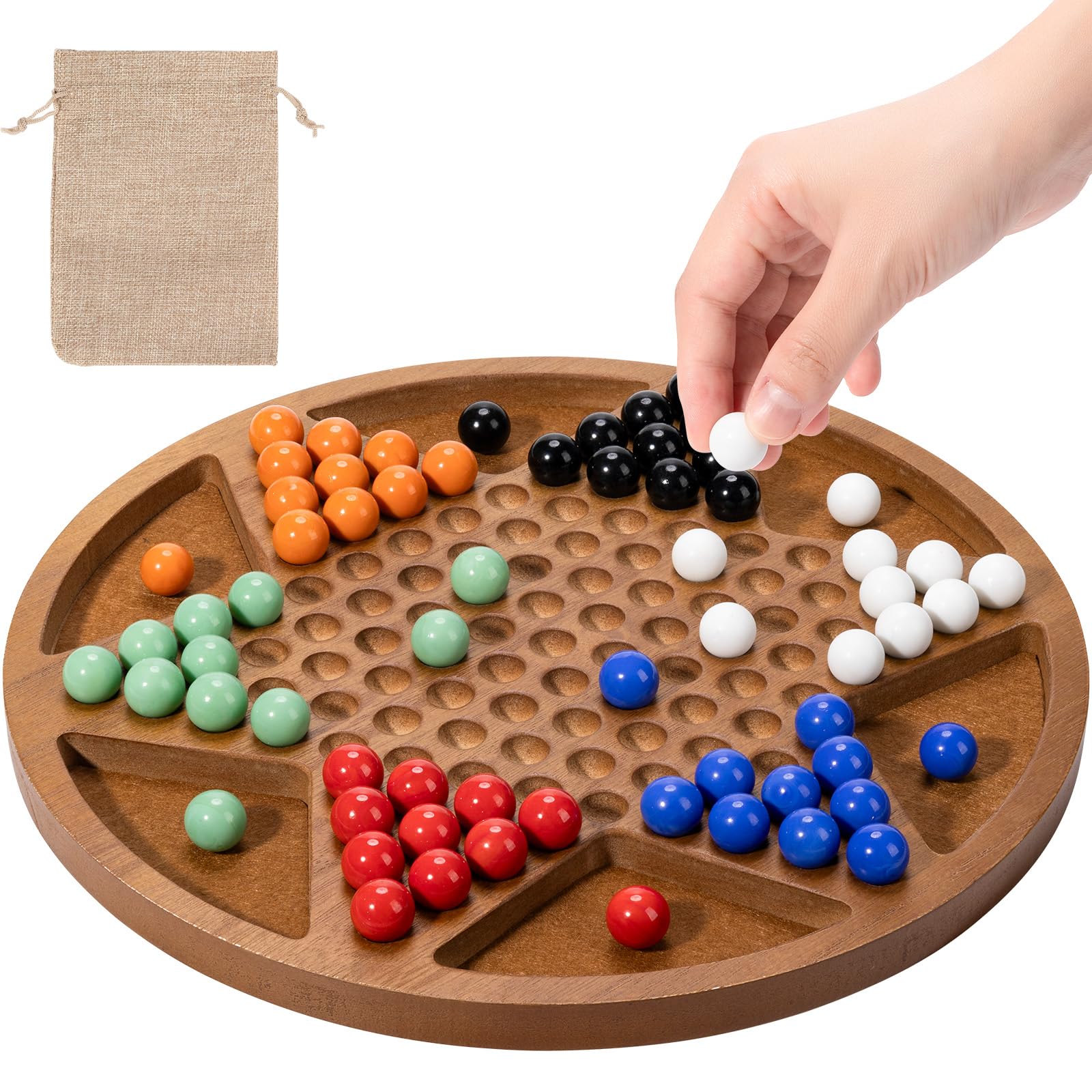 Photo 1 of 12-Inch Wooden Chinese Checkers Set - Classic Round Design with 60 Acrylic Marbles in 6 Vibrant Colors - Includes 12 Bonus Spare Marbles - Family Strategy Board Game for Kids and Adults