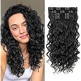 Flvaco Curly Clip In Hair Extensions, 4PCS 16 Inch Natural Black Extensions Clip Ins Lace Weft Short Curly Invisible Natural Hairpieces for Women