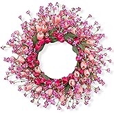 J'FLORU 22 Inch Valentines Day Wreath Pink Valentine's Day Wreaths for Front Door Tulip Wreath with Red Hearts and Berries for Valentine Wedding Anniversary Candlelight Dinner