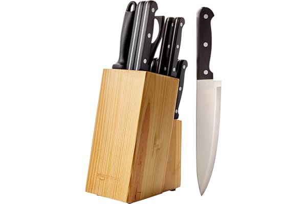Amazon Basics 14-Piece High Carbon Stainless Steel Kitchen Knife Set with Sharpener and Pinewood Block, Black