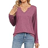 TUZIERDUO Womens Long Sleeve Shirts V Neck Casual Basic Tees Fall Loose Fit Solid Color Blouse 2025 Trendy Clothes