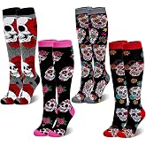 BOARDFEB 4 Pairs Day of the Dead Socks for Women Sugar Skull Rose Knee High Socks Halloween Costume Compression Socks