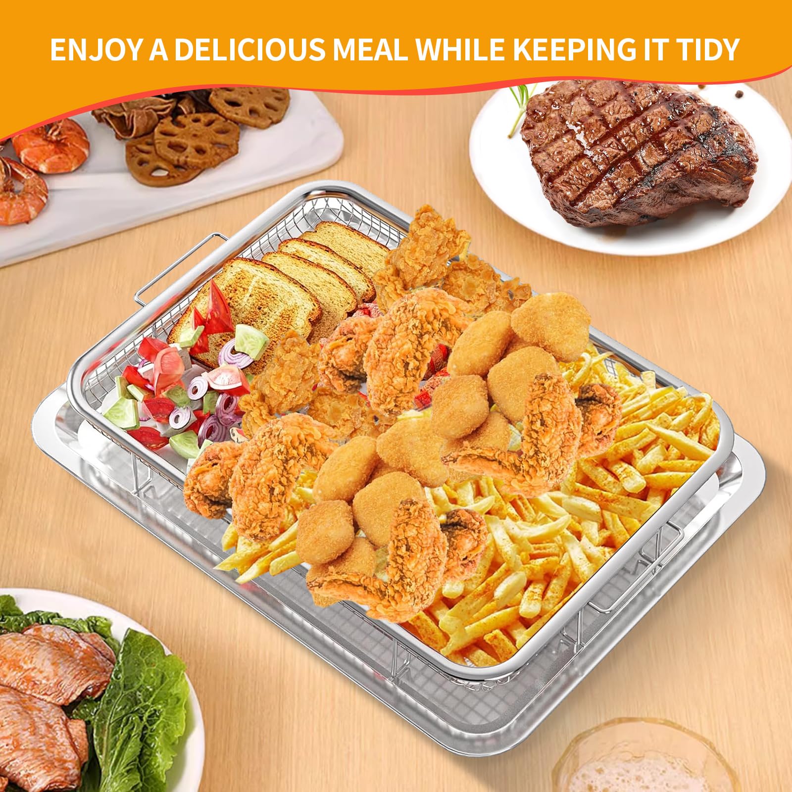 N.Gracia Air Fryer Basket for Oven, 15.5“ x 11.6“ large Stainless Steel Crisper Tray and Pan with 50 PCS Parchment Paper, Stainless Steel Air Fryer Basket for Baking Grilling