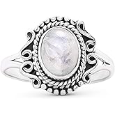 Koral Jewelry Oval Moonstone Ethnic Delicate Ring 925 Sterling Silver Vintage Tribal Gipsy Boho Look (8)