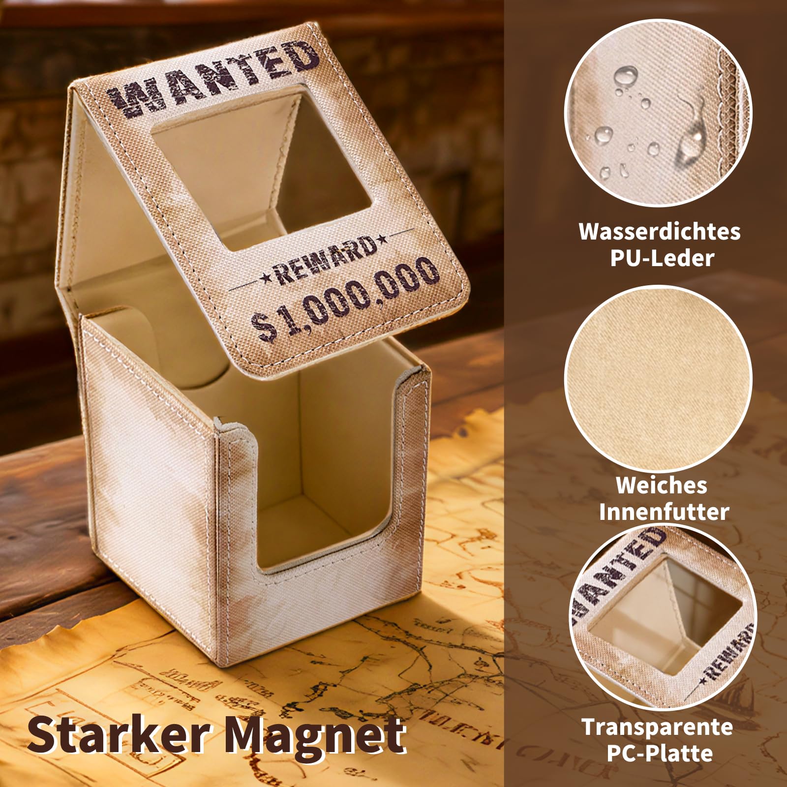 Venssu Wanted Poster Style Deckbox mit Commander Display, MTG Kartenbox für 120 Einfach Gesleevte Karten, Sammelkarten Aufbewahrungsbox aus PU-Leder mit 2 Trennwänden, kompatibel mit One Piece/TCG 6