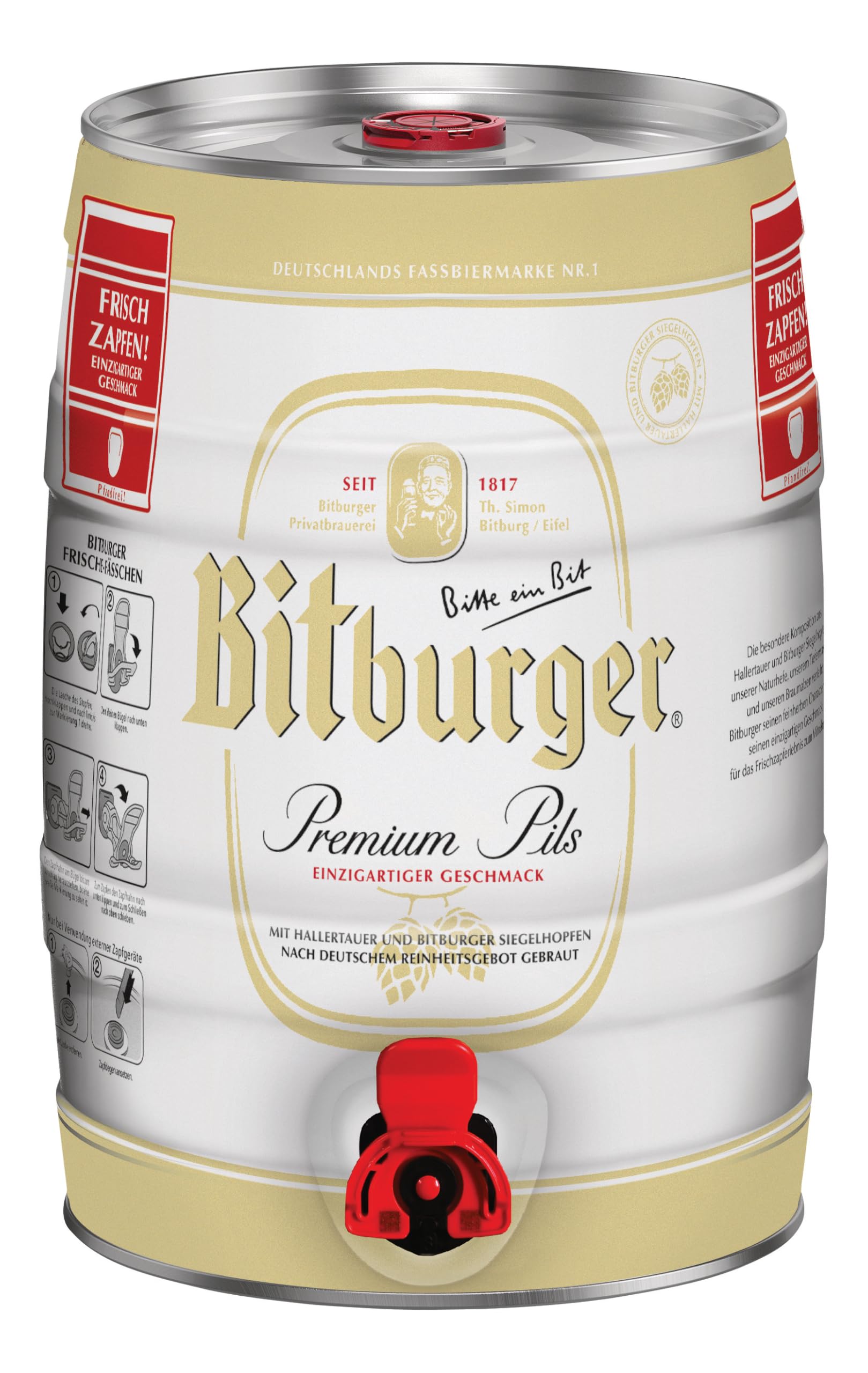 BITBURGER® Premium Pils | Partyfass mit Zapfhahn (1x 5l) | Hopfenbetonter Pilsgenuss | Aus Besten Hopfensorten | Nach Deutschem Reinheitsgebot Gebraut