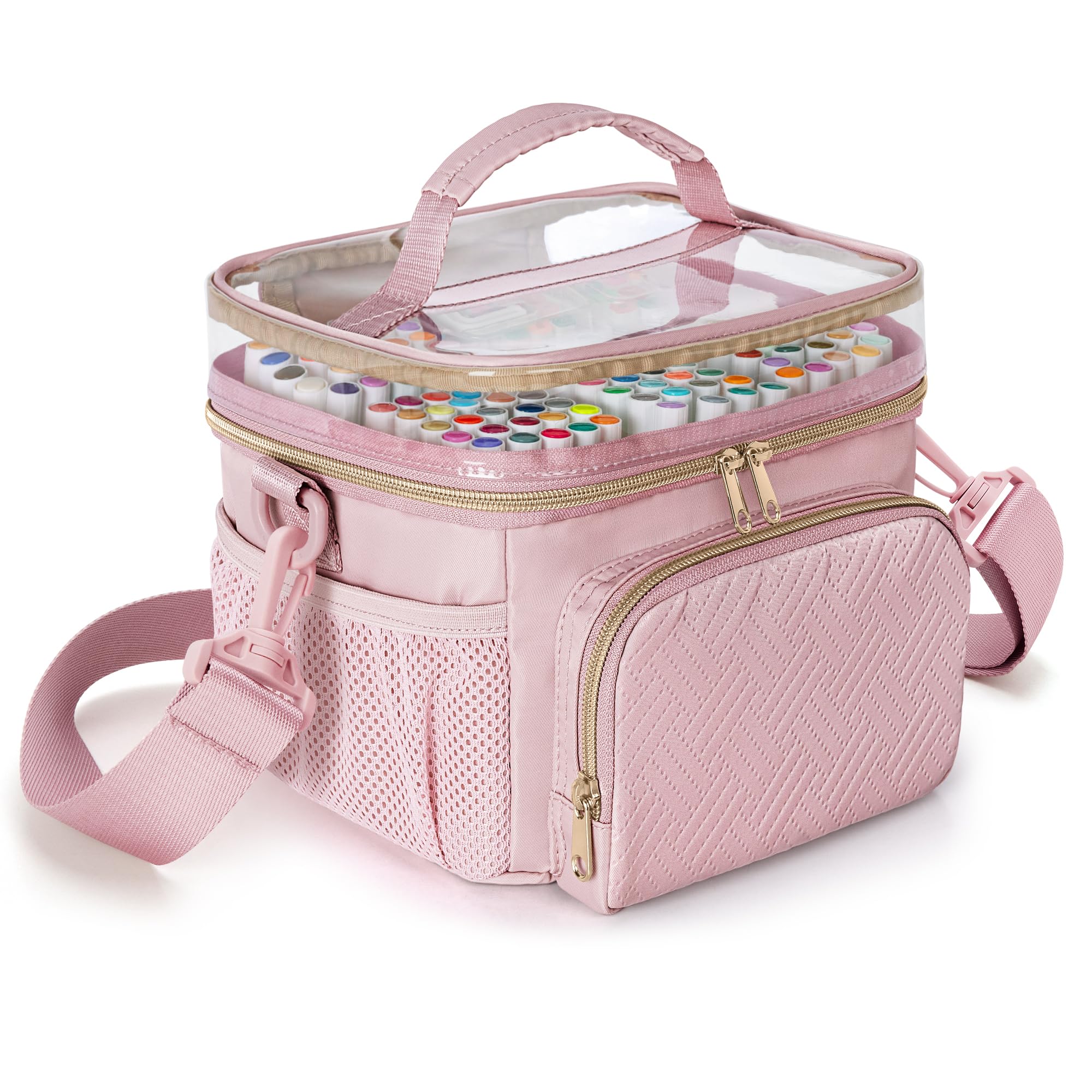 Rexmica Marker Organiser Case for 100 Markers, Marker Pen Storage Holder Bag with Divider and Shoulder Strap, Marker Travel Carrying Case with 3 Pockets, Pink(Patented Design)