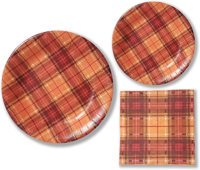 Fall Orange & Brown Plaid Disposable Paper Plates & Party