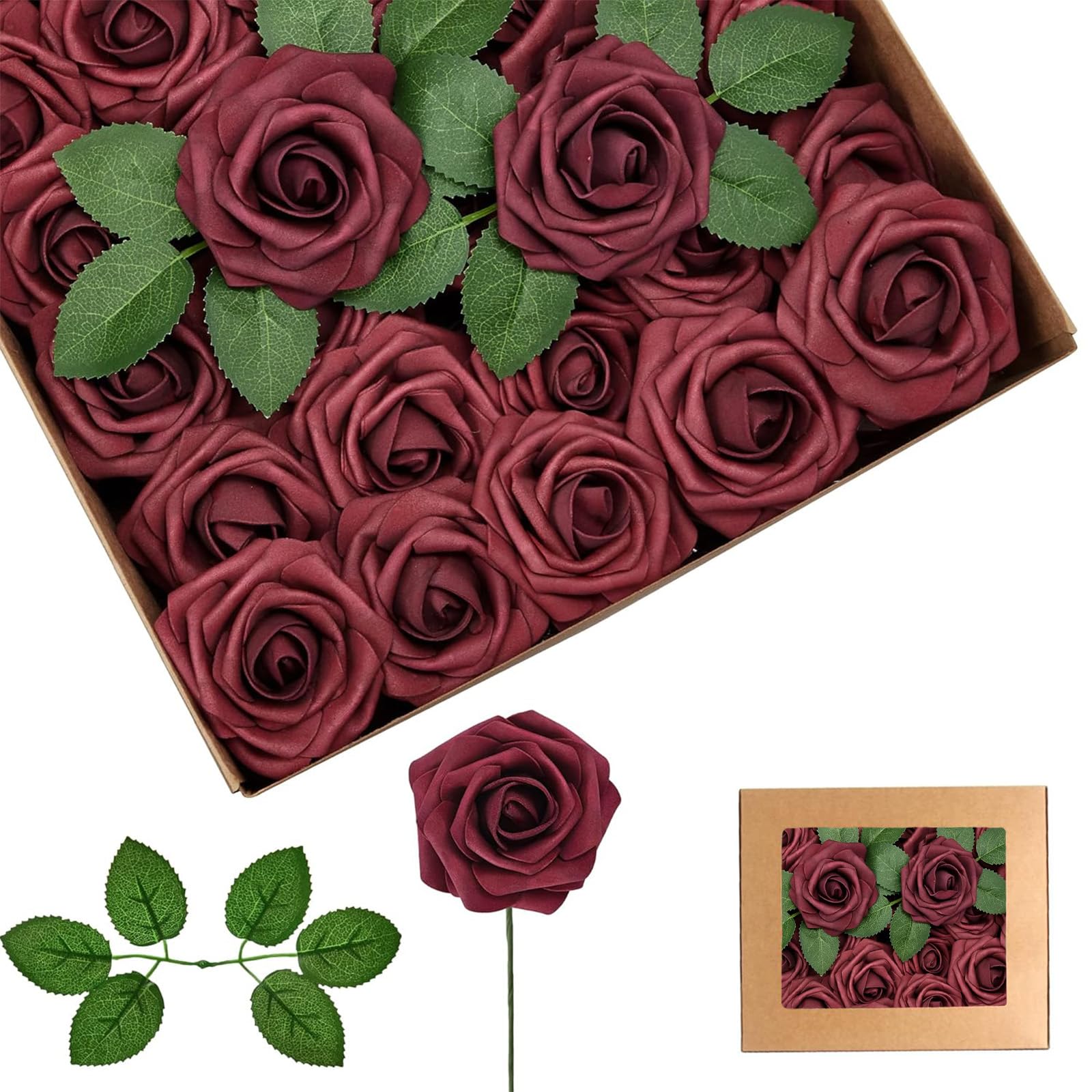 25Pcs Burgundy Artificial Roses, Real Touch Foam Roses with Stems, 4 Leaves, Artificial Flowers for Wedding, Bridal Bouquets, Cake, Grave Stone, Table Centerpieces, Baby Shower, Funeral Decoration