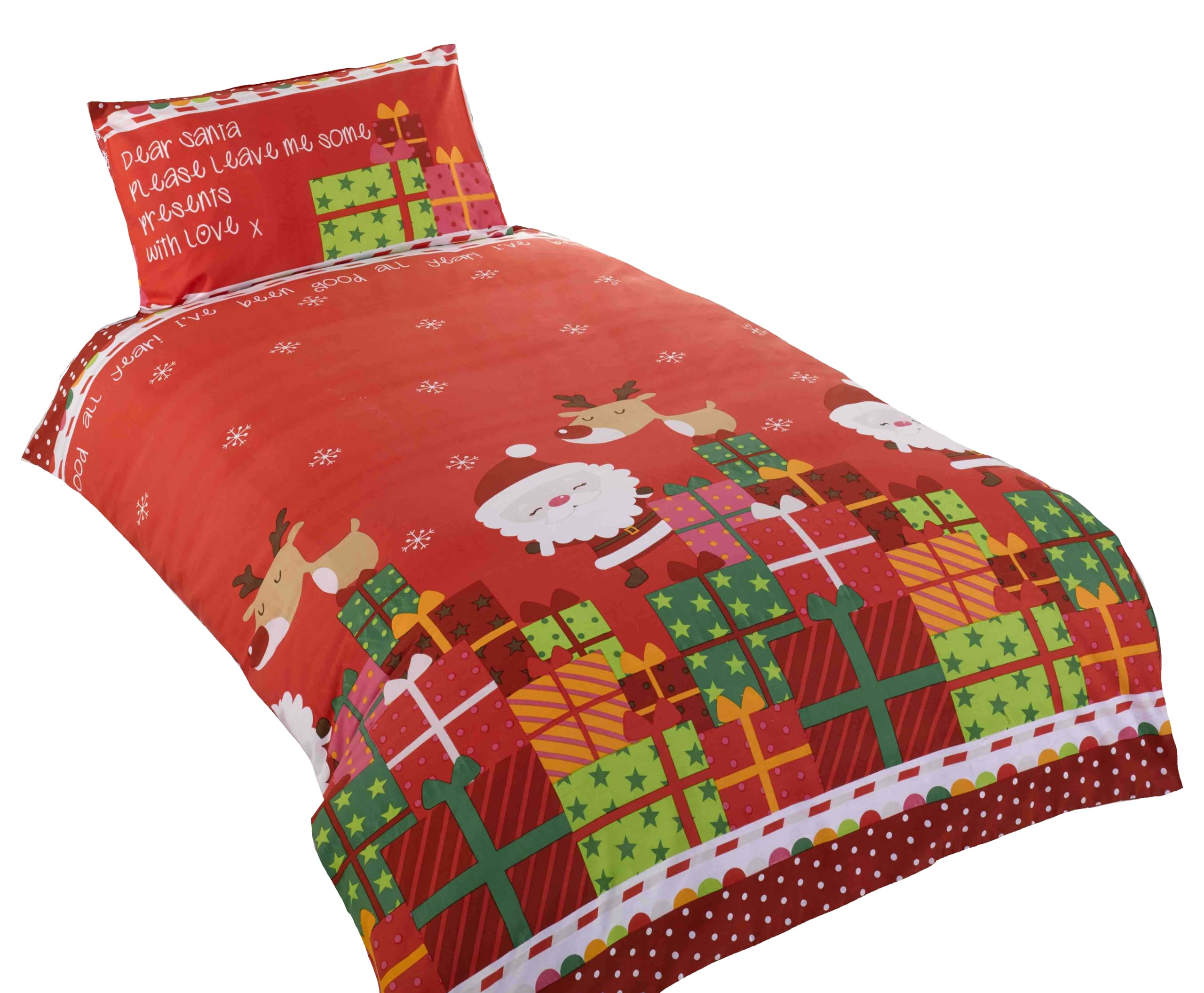 Christmas Presents Kids Xmas Santa Claus Quilt Duvet Cover and Pillowcase Bedding Bed Set, Multi-Colour, 2 pcs, Single