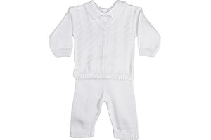 Little Things Mean A Lot Boys 100% Cotton Knit Two Piece White Christening Baptism Outfit
