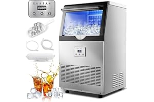 Amzgachfktch Commercial Ice Maker, 100lbs/24H Ice Maker Machine, Auto Self-Cleaning, LED Digital Display, Blue Light, Under Counter/Freestanding Ice Machine for Home/Office/Restaurant/Bar
