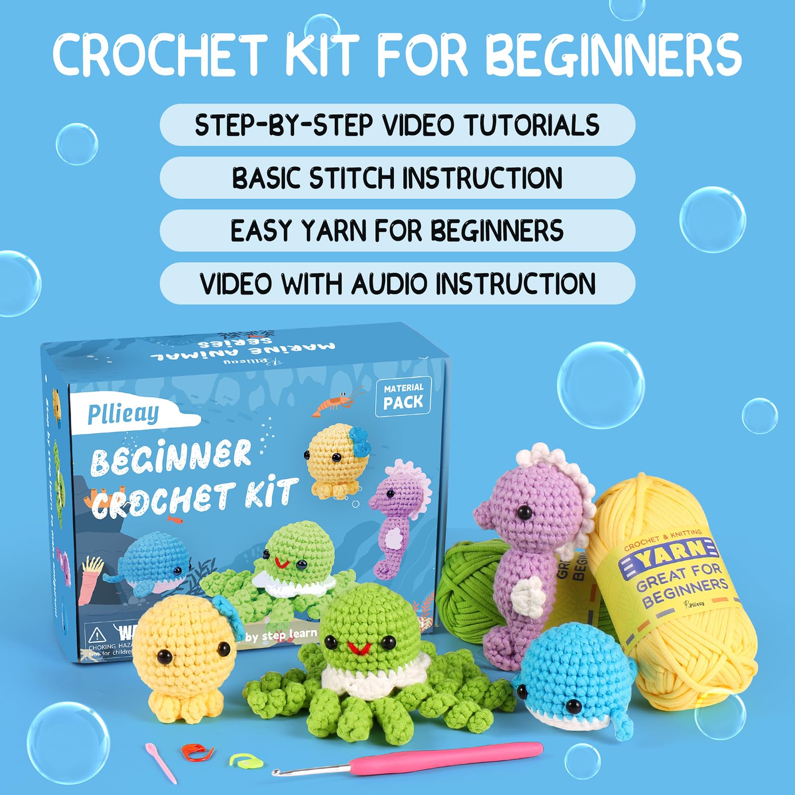 Pllieay Crochet Kit for Beginners, Beginner Crochet Kit for Adults & Kids with Step-by-Step Video Tutorials, Knitting Kit, 4 Pattern Crochet Animal Kit - Whale, Jellyfish, Sea Horse and Octopus
