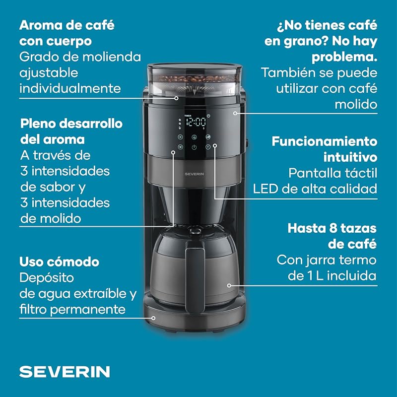 de goteo con jarra térmica y molinillo, 1L de capacidad, hasta 8 tazas, sistema antigoteo, aroma intenso, apagado automática, pantalla LED, 900W, inox oscuro, negro, KA 4831 — foto 3 de 8