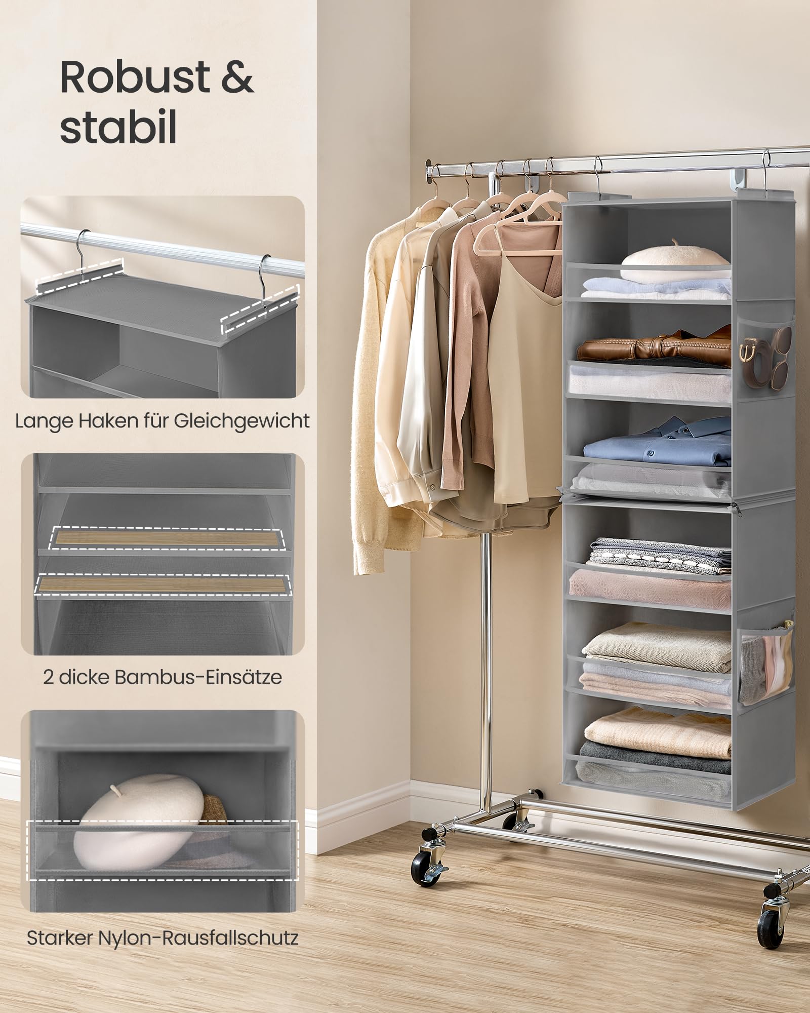 SONGMICS Hängeorganizer, Schrank-Organizer, Hängeregal aufteilbar, Hängeaufbewahrung, faltbar und platzsparend, Metallhaken und Bambus-Einsätze, Taubengrau RCH007G01 4
