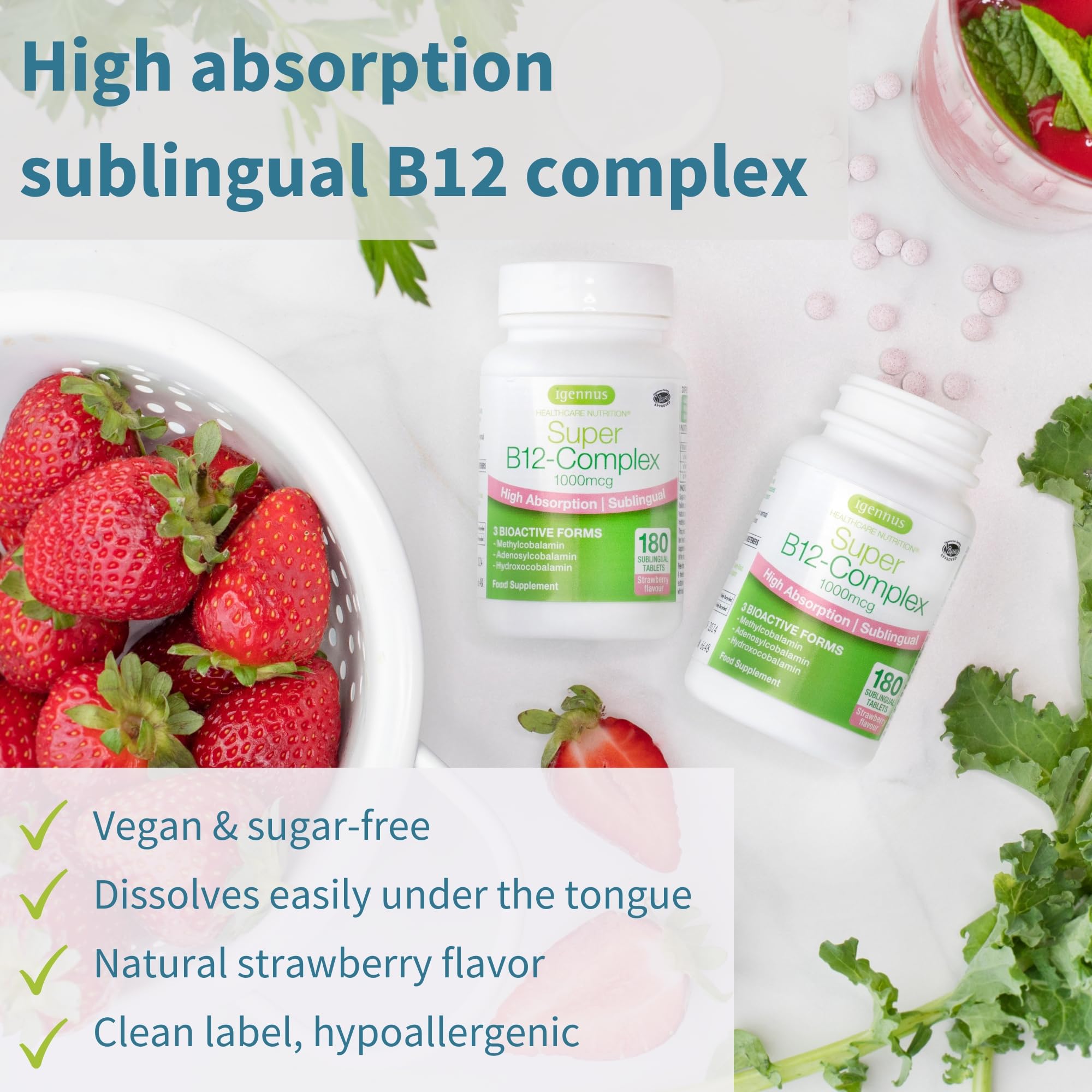 Igennus Sublingual Vitamin B12 Complex 1000mcg, Methylated Methylcobalamin, Adenosylcobalamin & Hydroxocobalamin, High Absorption & Clean, 180 Servings, Sugar-Free & Vegan