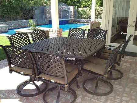 Amazon Com Nassau Cast Aluminum Powder Coated 9pc Outdoor Patio Dining Set With 64 X64 Square Table Antique Bronze Garden Outdoor
