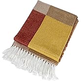 Bloomingville Cotton Blend Throw Blanket with Block Print and Fringe, Multicolor