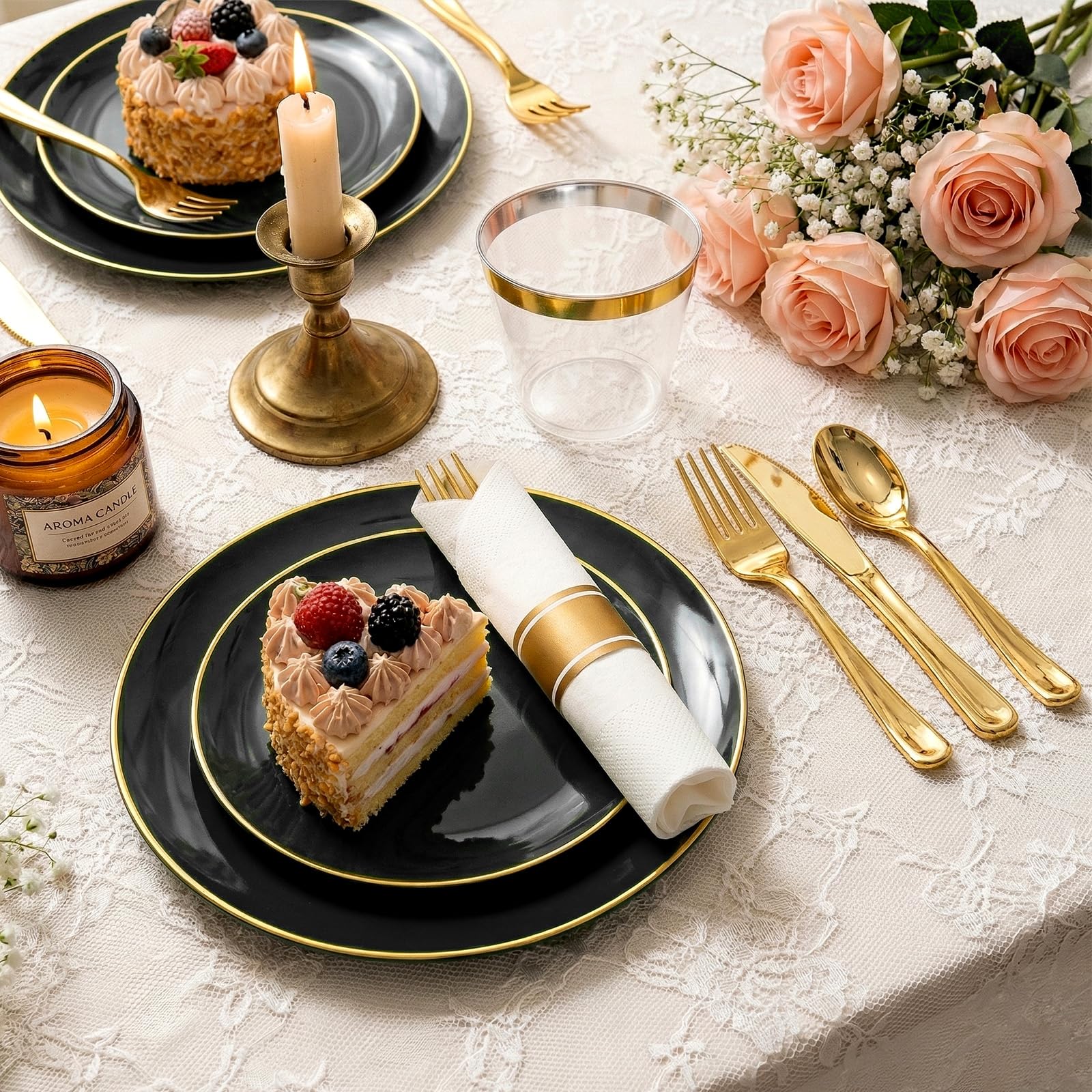 Condition photo showing New/Like New for cheerserve 350pcs plastic dinnerware set,black and gold plastic plates for 50 guests include 100 ele