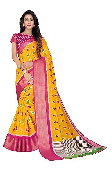 Women's Cotton Patola Printed Pochampally ikat Saree With 5 inch Zari border With Unstitched Blouse Piece