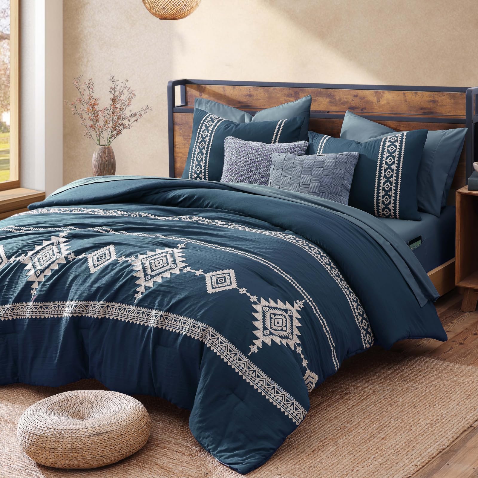 Photo 1 of MAIREVE Embroidery Queen Size Comforter Set Navy Blue, Boho Farmhouse Western Bedding Set 7 Pieces, All Season Bed in A Bag Comforter Set with Sheets, Pillowcases & Shams