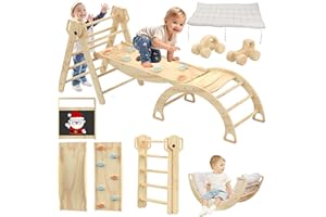 ACENOVA Pikler Triangle Set with Cushion, 8 In 1 Foldable Montessori Toddlers Climbing Toys Set, Pikler Climbing Toys Play Set for Toddlers with Ramp, Arch, Ladder And Cushion, Indoor Playground for Toddlers